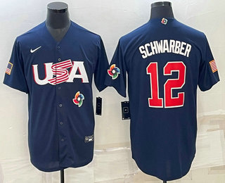 Men%27s USA Baseball #12 Kyle Schwarber 2023 Navy World Baseball Classic Stitched Jersey